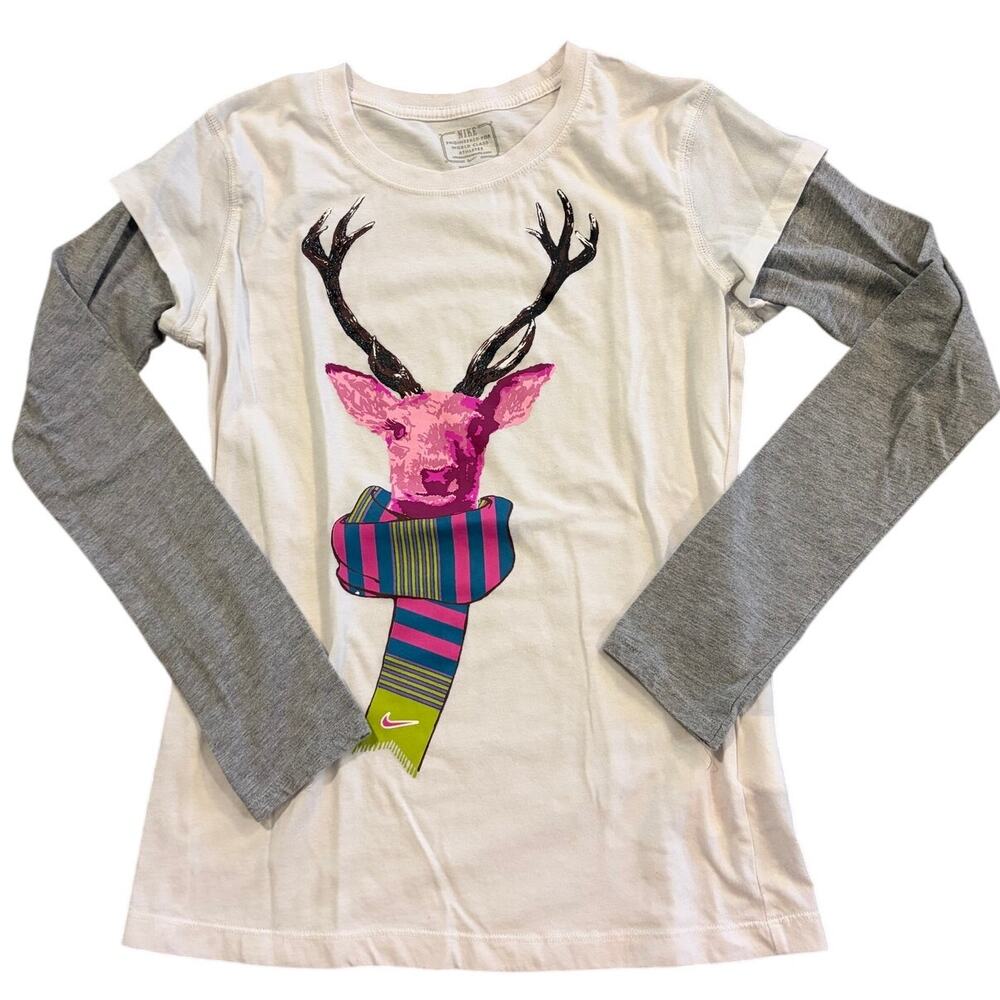 Nike Girls T Shirt Short Sleeve Long Sleeve Graphic Deer with Scarf Size LArge‎